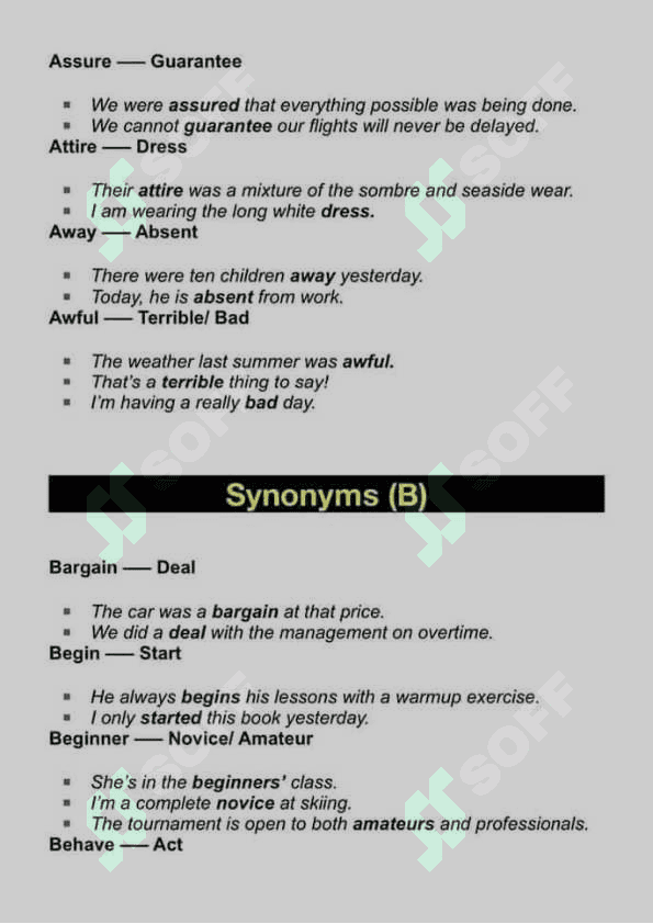 Synonyms Word List A-Z Band 8 or 9. English. 4