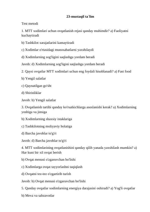 MTT xodimlari uchun ovqatlanish rejasi