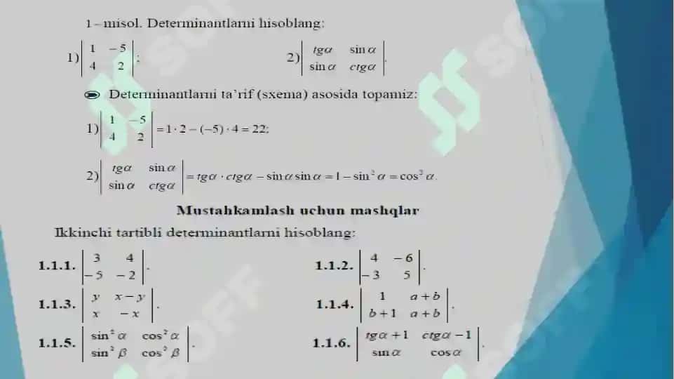 Ikkinchi va uchinchi tartibli determinantlarni hisoblash usullari 7