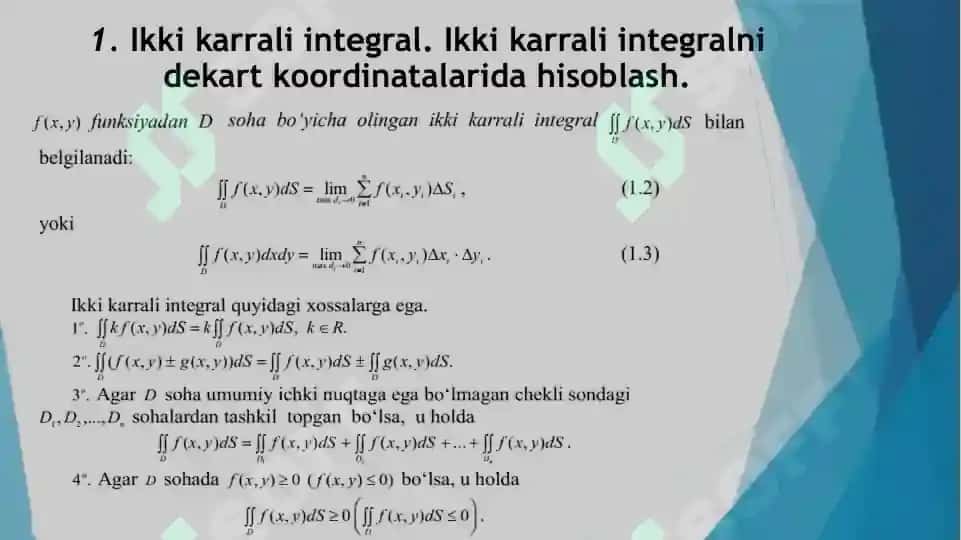 Ikki oʻlchovli integralni hisoblash, geometrik va mexanik ma’nosi 5
