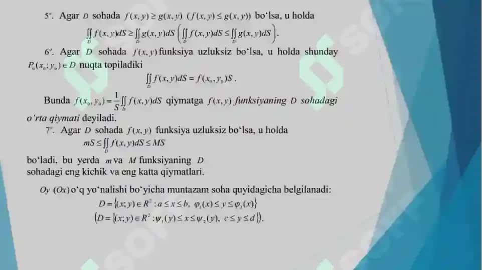 Ikki oʻlchovli integralni hisoblash, geometrik va mexanik ma’nosi 6