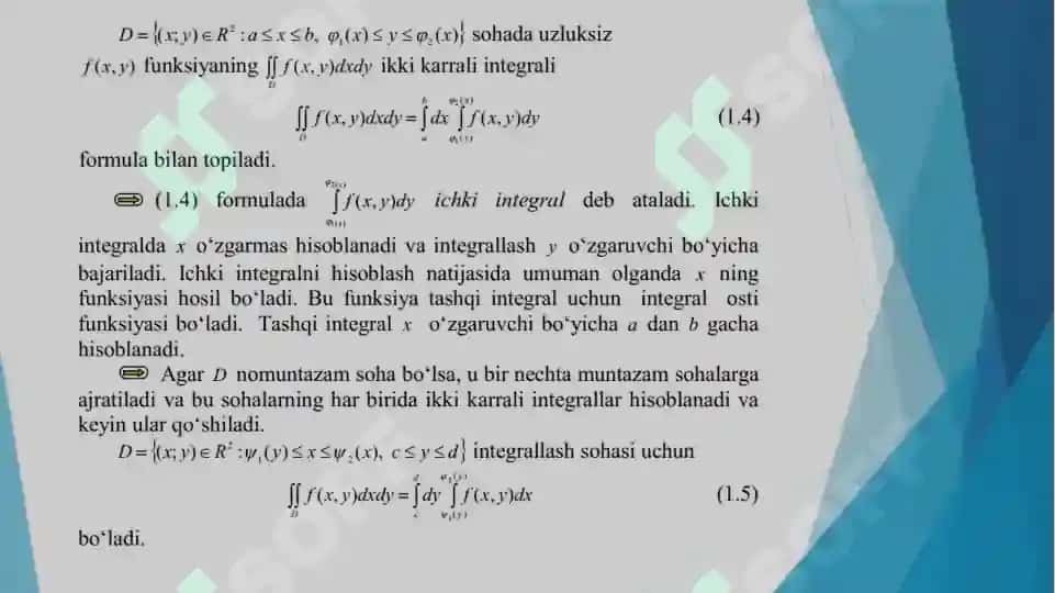 Ikki oʻlchovli integralni hisoblash, geometrik va mexanik ma’nosi 7