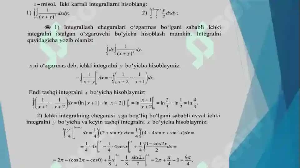 Ikki oʻlchovli integralni hisoblash, geometrik va mexanik ma’nosi 8
