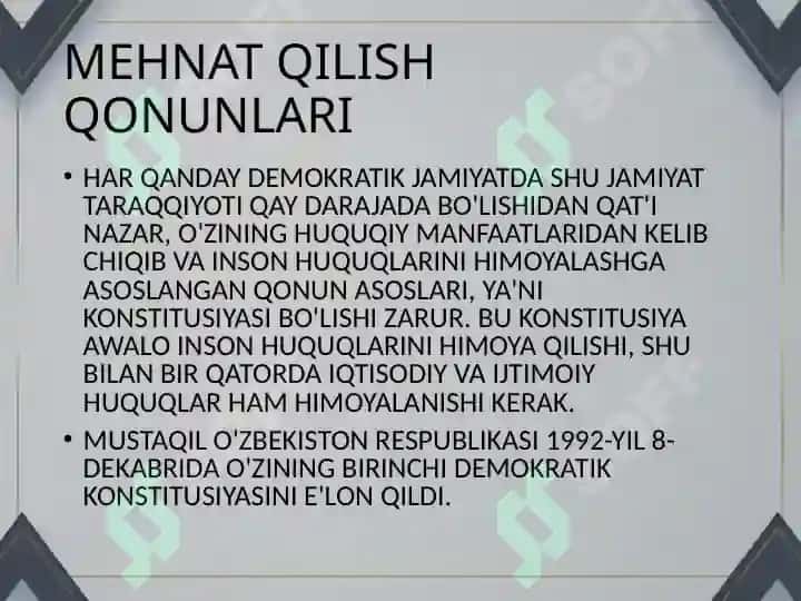 MEHNAT MUHOFAZASIGA OID DAVLAT QONUNCHILIGI 2
