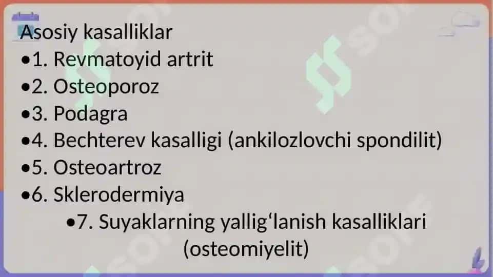 Suyak va bo’g’umlarning tizmli kasaliklari 3