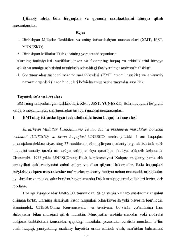 Ijtimoiy ishda bola huquqlari va qonuniy manfaatlarini himoya qilish mexanizmlari.