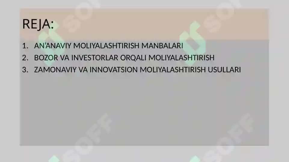 INVESTITSION LOYIHALARNI MOLIYALASHTIRISH MANBALARI 2