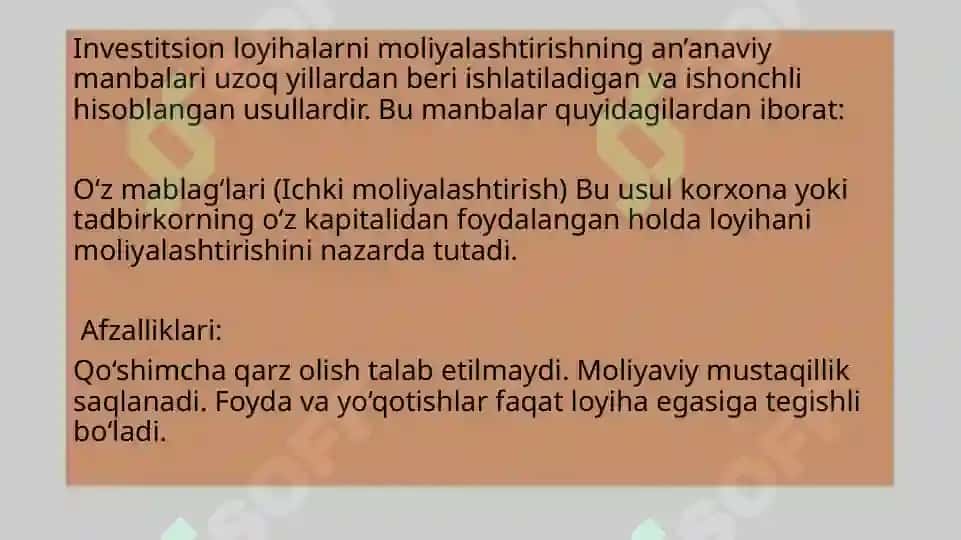 INVESTITSION LOYIHALARNI MOLIYALASHTIRISH MANBALARI 3