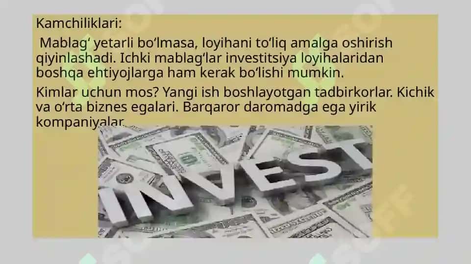 INVESTITSION LOYIHALARNI MOLIYALASHTIRISH MANBALARI 4