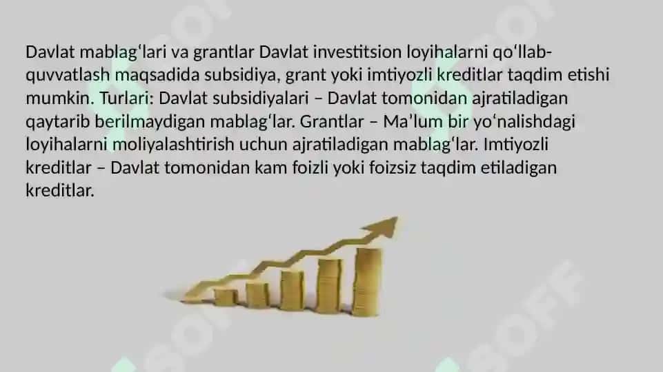 INVESTITSION LOYIHALARNI MOLIYALASHTIRISH MANBALARI 6