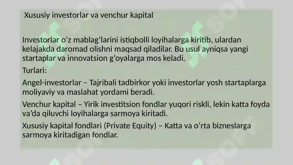 INVESTITSION LOYIHALARNI MOLIYALASHTIRISH MANBALARI 8