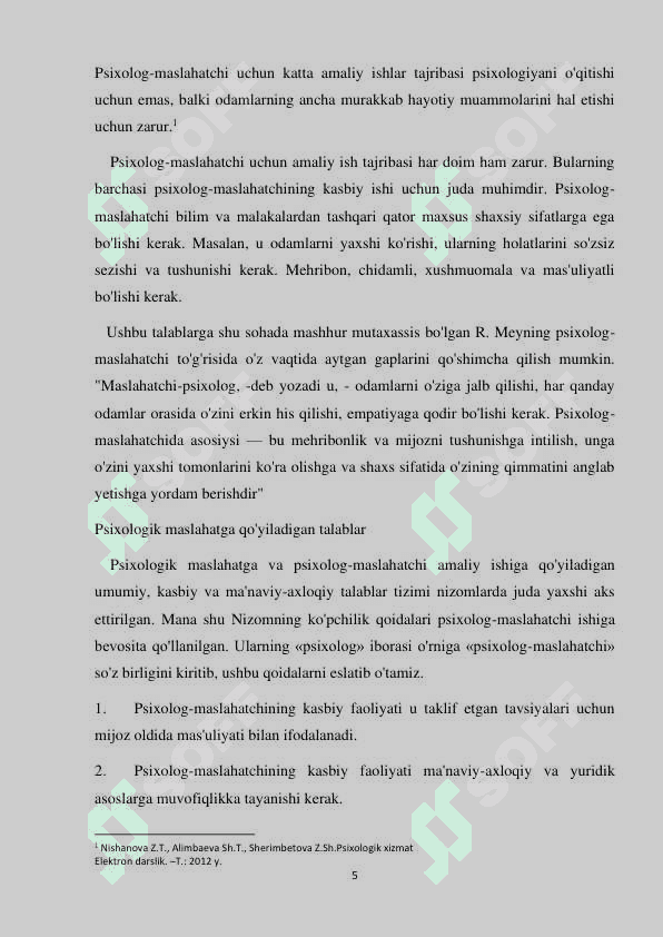 Psixolog – maslahatchining kasbiy ko`nikmalari shakllanishining psixologik asoslari 5