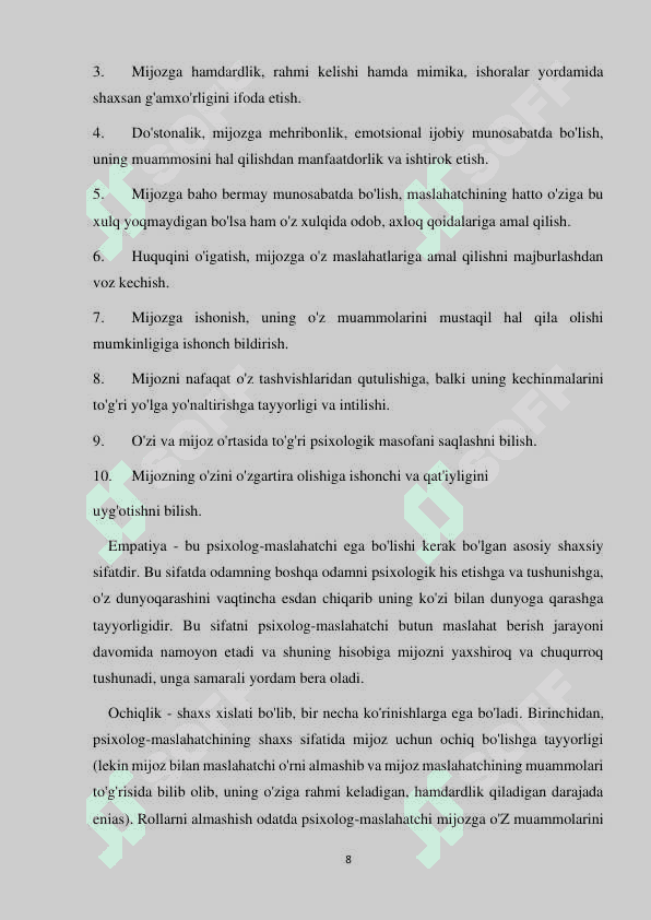 Psixolog – maslahatchining kasbiy ko`nikmalari shakllanishining psixologik asoslari 8