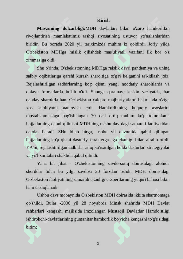 O'ZBEKISTONNING MDH DAVLATLARI BILAN O'ZARO HAMKORLIGI 2