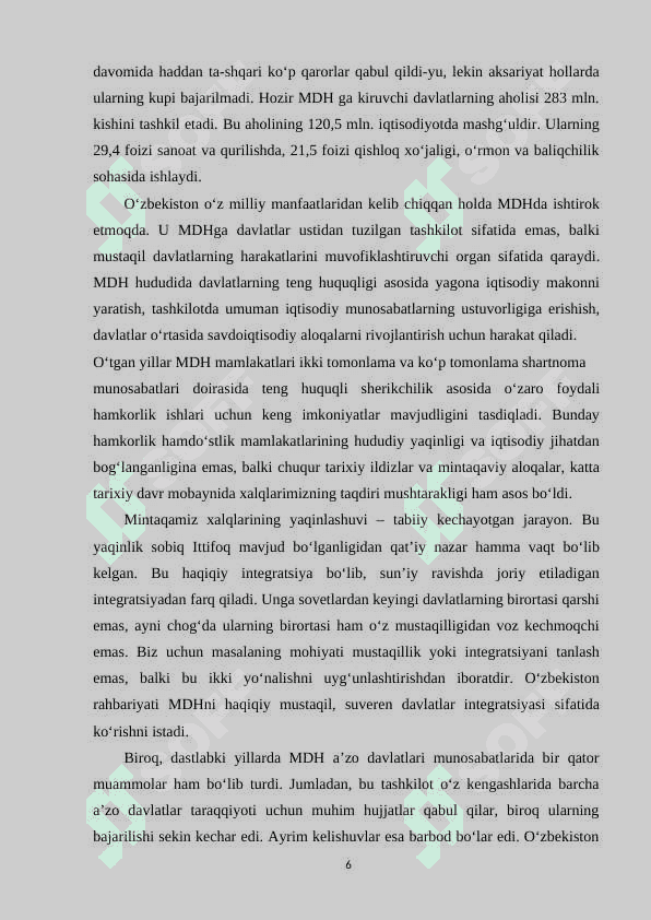O'ZBEKISTONNING MDH DAVLATLARI BILAN O'ZARO HAMKORLIGI 6
