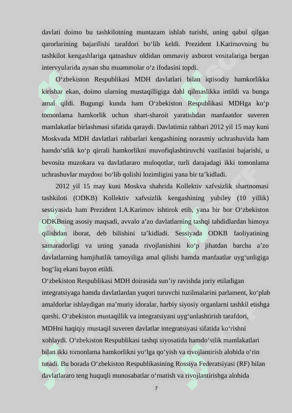 O'ZBEKISTONNING MDH DAVLATLARI BILAN O'ZARO HAMKORLIGI 7