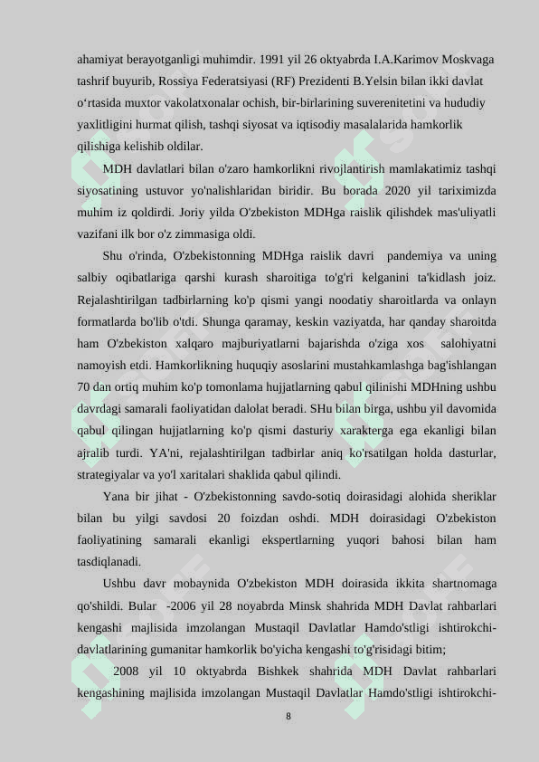 O'ZBEKISTONNING MDH DAVLATLARI BILAN O'ZARO HAMKORLIGI 8