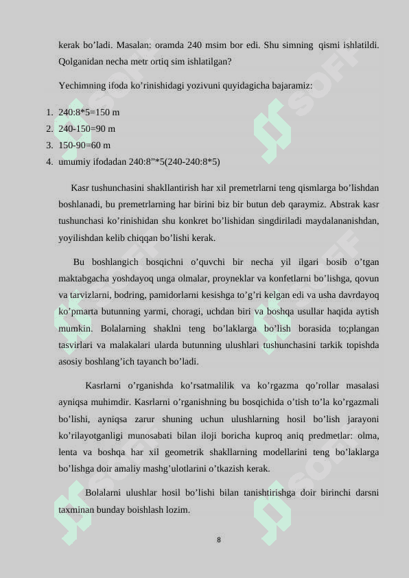 BOSHLANG'ICH SINFLARDA MATEMATIKA O'QITISHDA KASR TUSHUNCHASI ELEMENTLARINI O'RGATISH 8