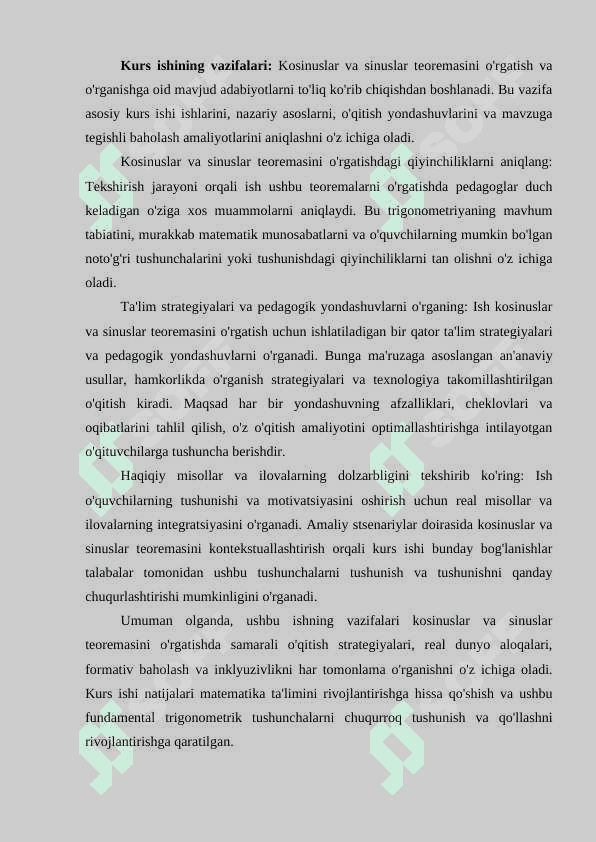 Kosinuslar va sinuslar teoremasi. kurs ishi 5