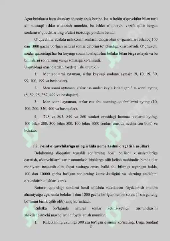 2-sinf matematika darslarida ming ichida nomerlashni o’rnatish usullari 8