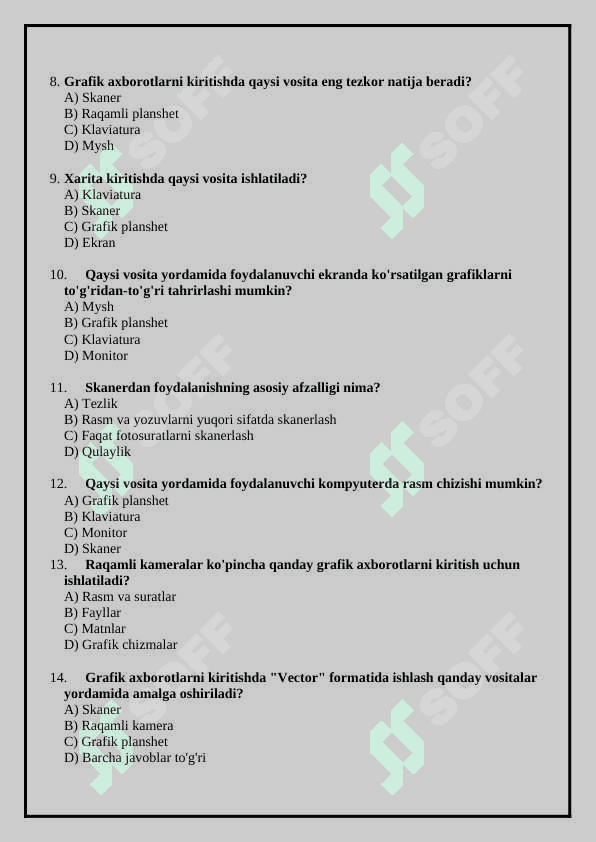 Grafik axborotlarni kiritishning maxsus vositalari (TEST) 2