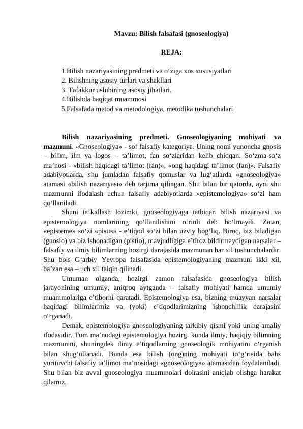 Bilish falsafasi (gnoseologiya)