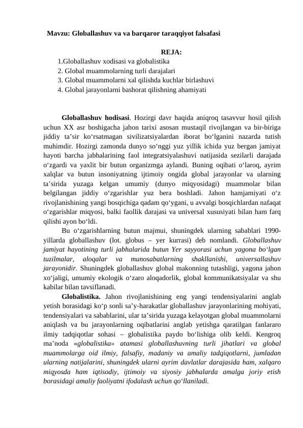 Globallashuv va va barqaror taraqqiyot falsafasi