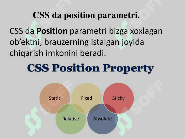 CSS display position parametrlari. Web struktura qurishda ularni ishlatilishi. transform - elementlar ustida amallar. Animasiya yaratish 5