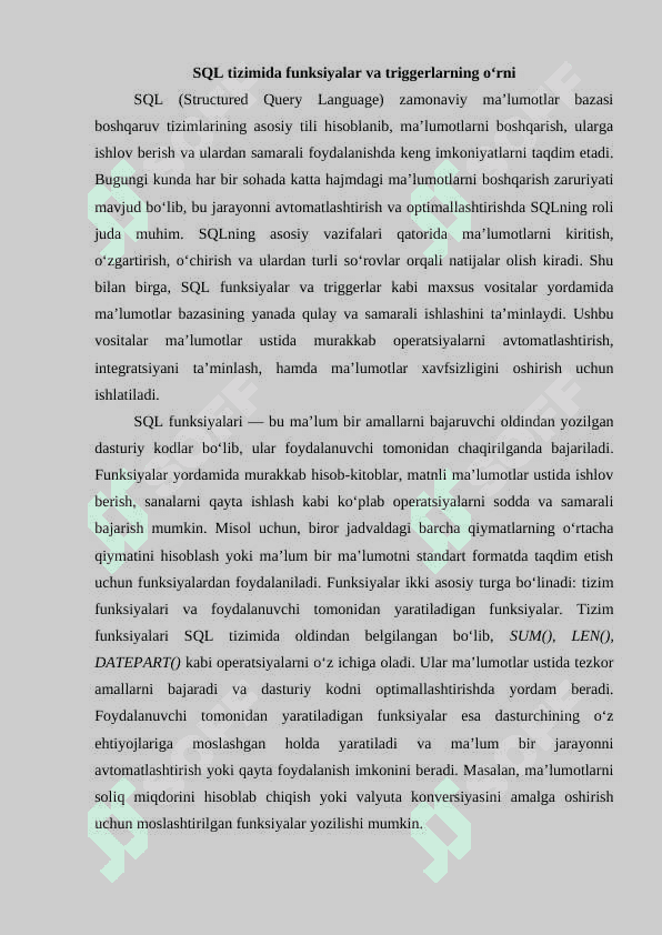 SQLda funksiyalar yaratish. SQLda triggerlar yaratish 4