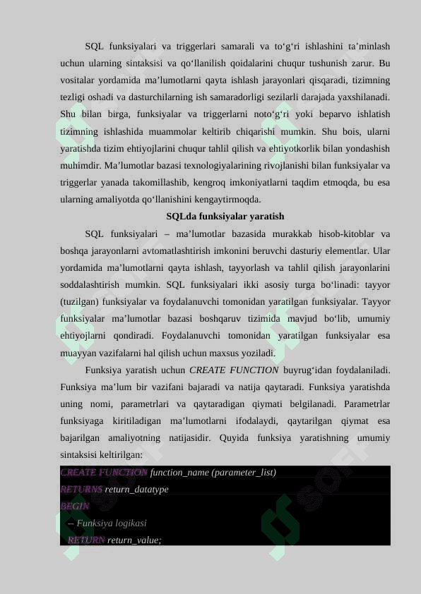 SQLda funksiyalar yaratish. SQLda triggerlar yaratish 7