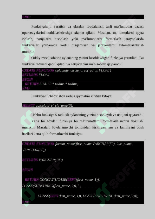 SQLda funksiyalar yaratish. SQLda triggerlar yaratish 8