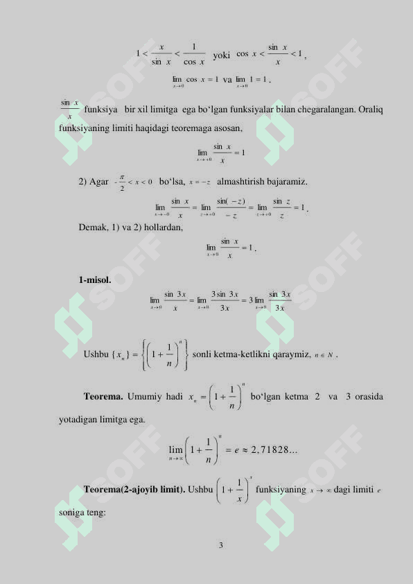 1- VA 2-AJOYIB LIMITLAR. EKVIVALENT CHEKSIZ KICHIK  FUNKSIYALAR. CHEKSIZ KICHIK FUNKSIYALARNI  TAQQOSLASH. 3