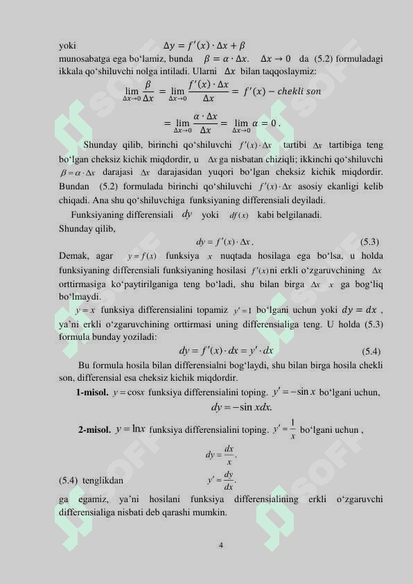 LOPITAL QOIDASI. FUNKSIYANING DIFFЕRЕNSIALI.  DIFFЕRЕNSIAL HISOBNING ASOSIY TEOREMALAR 4