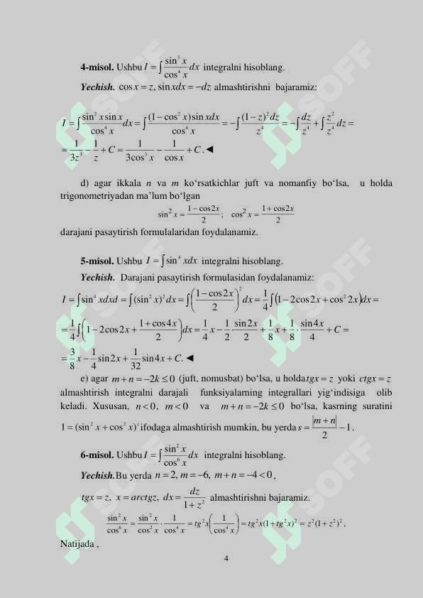 TRIGONOMETRIK FUNKSIYALARNI INTEGRALLASH 4