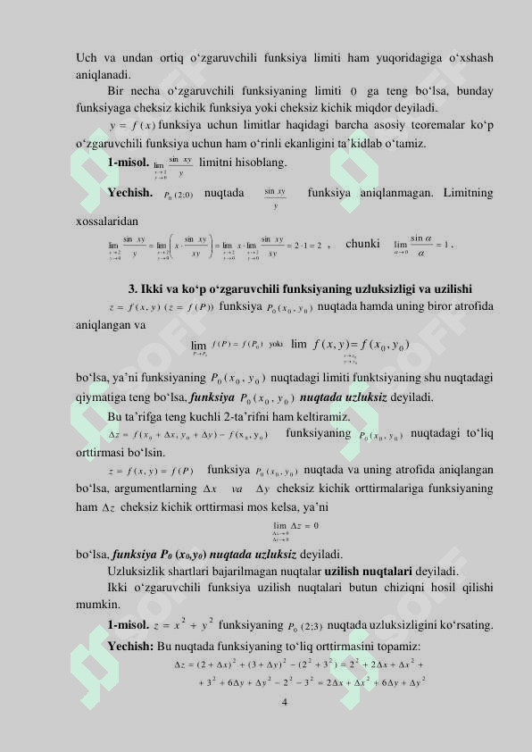IKKI ARGUMENTLI FUNKSIYA NI ANIQLANISH SOHASI,  GRAFIGI, LIMITI VA UZLUKSIZLIGI. XUSUSIY HOSILALAR 4