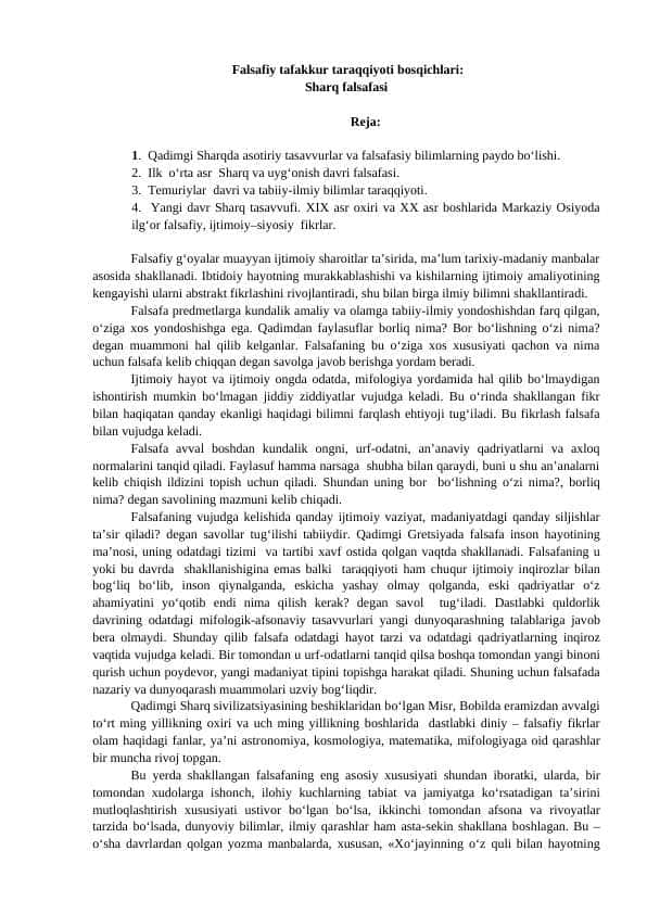 Falsafiy tafakkur taraqqiyoti bosqichlari: Sharq falsafasi