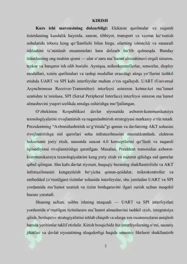 UARTS VA SPI INTERFEYSLARI ASOSIDA O‘RNATILGAN TIZIMLARNI BOSHQARISH 2