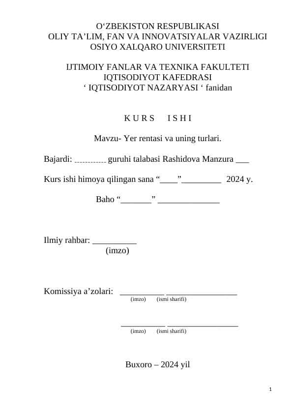 Yer rentasi va uning turlari.