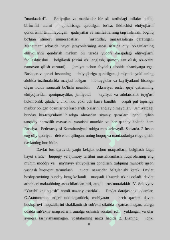 Maqsad qo’yish va ehtiyojlarni baholash boshqaruvning asosiy funksiyasi sifatida 8