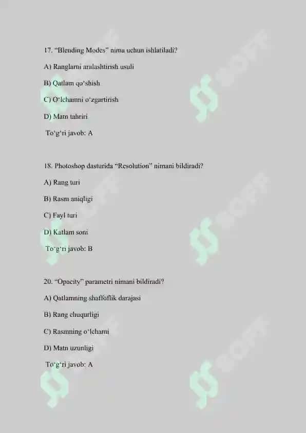 PHOTOSHOP DASTURI BOʻYICHA 50 TA TEST SAVOLLARI  JAVOBLARI BILAN 6