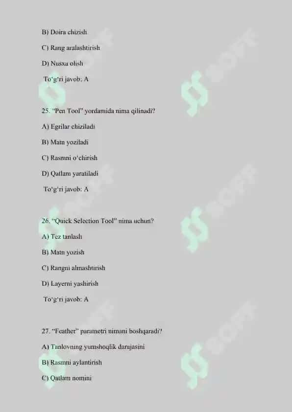 PHOTOSHOP DASTURI BOʻYICHA 50 TA TEST SAVOLLARI  JAVOBLARI BILAN 8