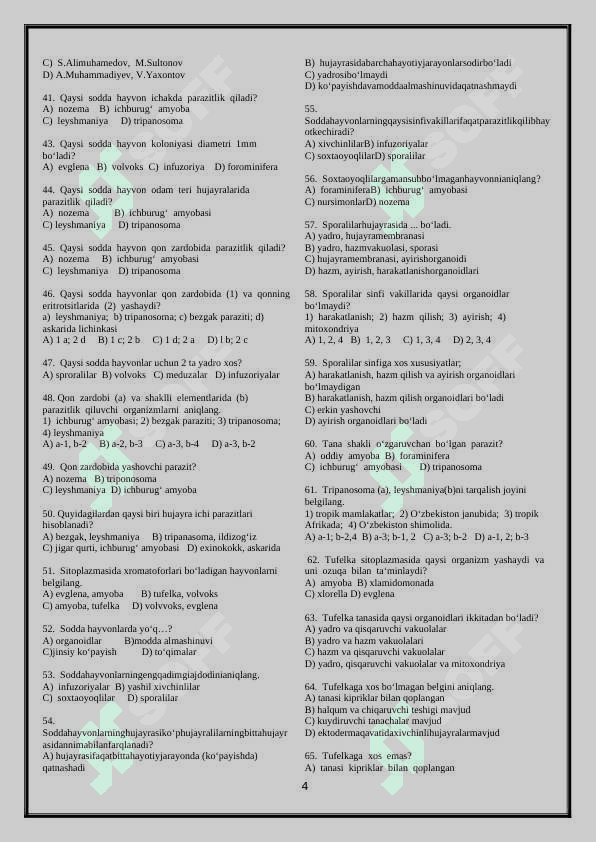 Zoologiya 7-sinf mavzulashtirilgan test | Javoblari bilan 4