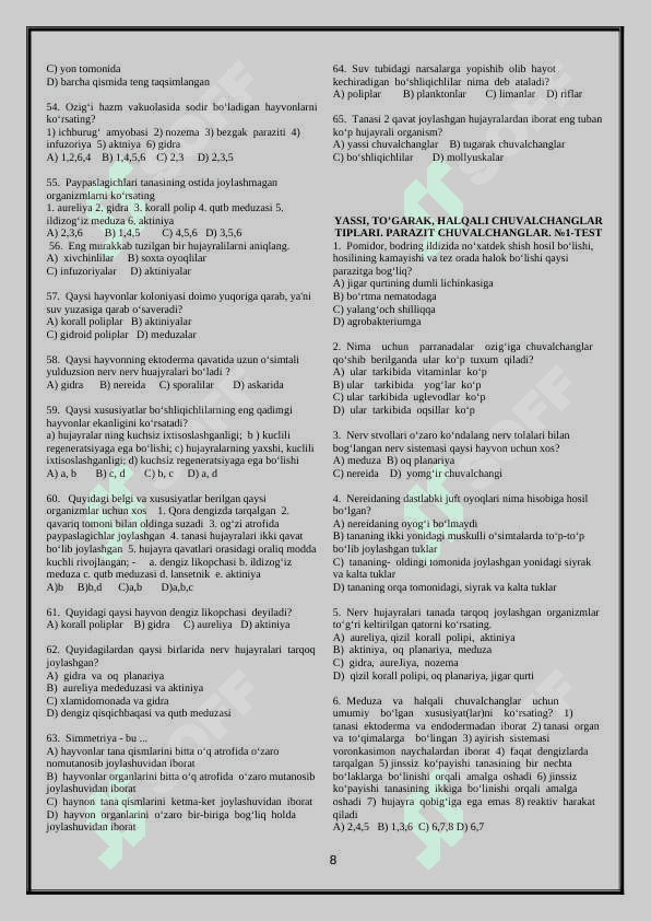 Zoologiya 7-sinf mavzulashtirilgan test | Javoblari bilan 8