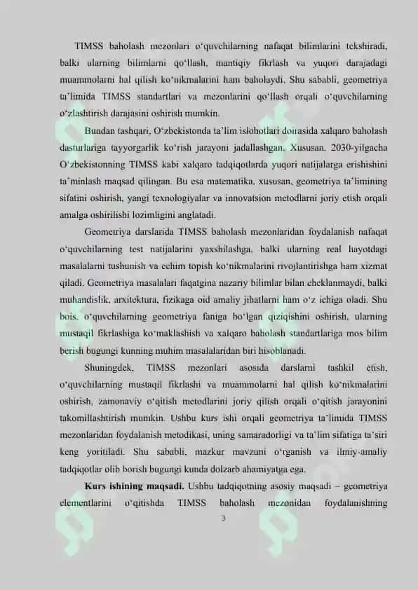 TIMSS Baholash Mezoni va Geometriya Elementlari Oʻqitishning Nazariy Asoslari 3