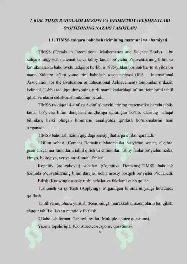 TIMSS Baholash Mezoni va Geometriya Elementlari Oʻqitishning Nazariy Asoslari 5