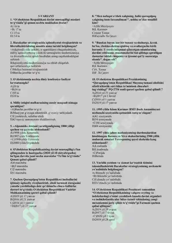 O'zbekistonning eng yangi tarixi fanidan testlar javoblari bilan. 5