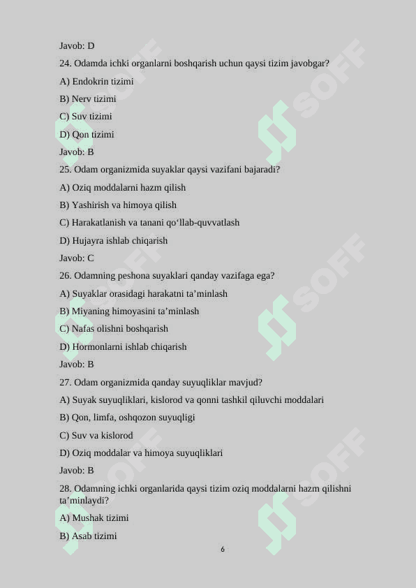 7-sinf Biologiya fanidan mavzulashtirilgan 100 ta variantli test savollari va javoblari bilan 6
