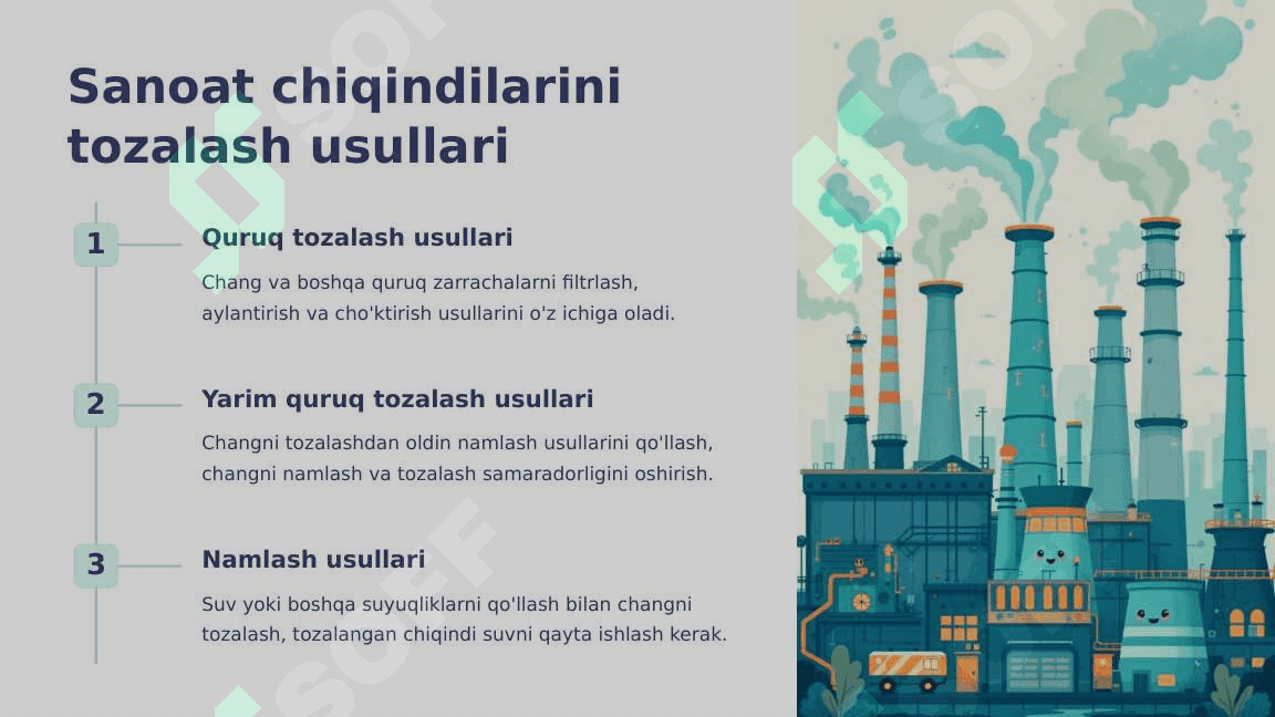 SANOAT CHIQINDILARINI TOZALASH,ATMOSFERAGA TASHLASH TALABLARI USULLARI,NAZORATI 4