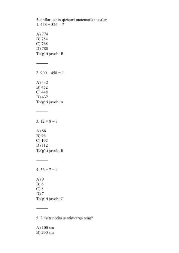 5-sinflar uchin qiziqarli matematika test