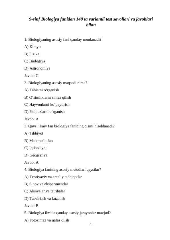 9-sinf Biologiya fanidan 140 ta variantli test savollari va javoblari bilan